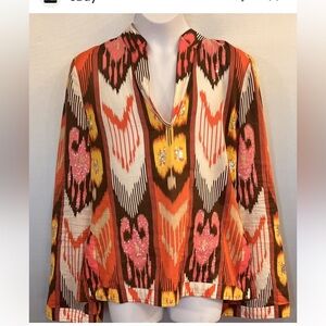 Tory Burch Vibrant Orange and Brown Blouse size 10  tribal embellished